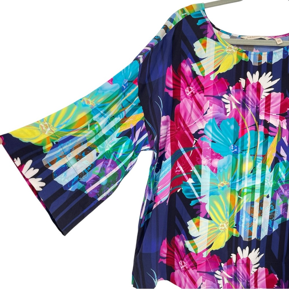 Soft Surroundings Mignon Top Size M Off-Shoulder Neck 3/4 Sleeve Violet Floral - Picture 2 of 15
